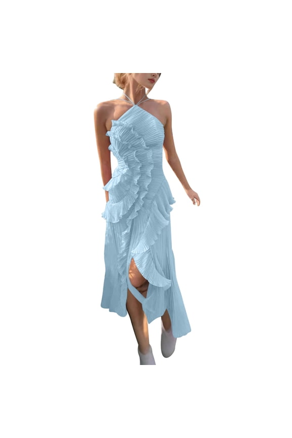 Women's Elegant Spaghetti Strap Ruffled Halter Neck Sleeveless Backless Multi-Layer High-Low Hemline Vacation Long Dress Blue,S
