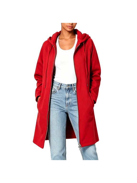 Women's Fall Jacket Zip Up Hoodies Long Sleeve Long Tunic Sweatshirts Oversized Fleece Casual Coat with Pocket Red,S