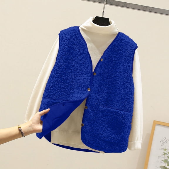 Hurxie Women's Fall Winter Fleece Vest Trendy Sleeveless Sherpa Jacket Button Down Open Front Fuzzy Warm Outerwear Blue 3XL