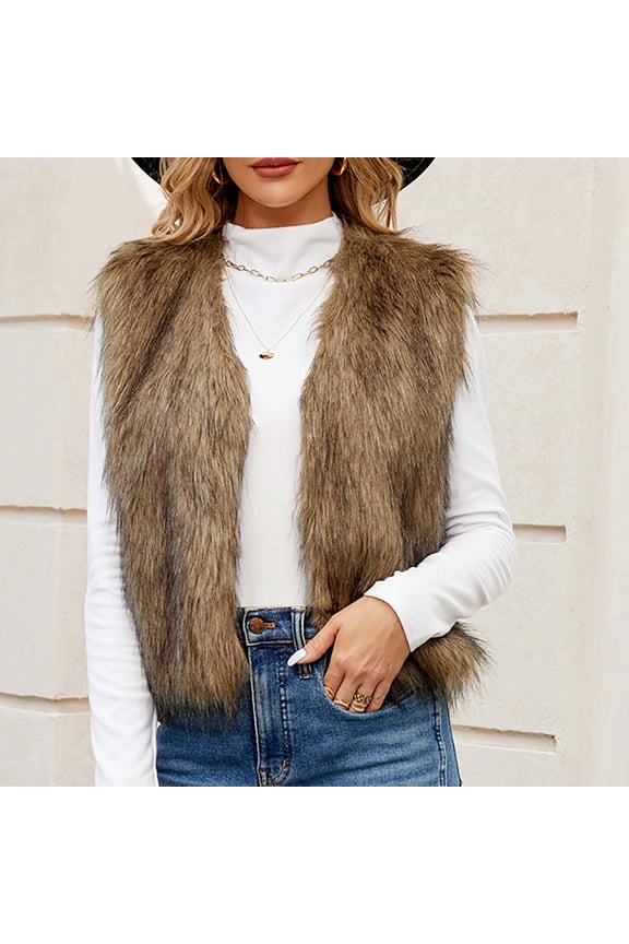 Women's Fashion Autumn and Winter Warm Short Faux Fur Vests Brown 2XL