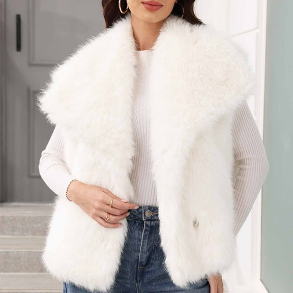 Hurxie Women's Fashion Autumn and Winter Warm Short Faux Fur Vests White 2XL