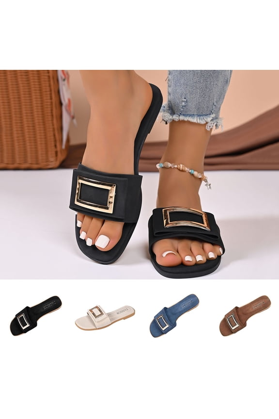 Women's Flat Sandals Fashion Square Open Toe Slides With Metal Chain Slippers for Summer Beige 36