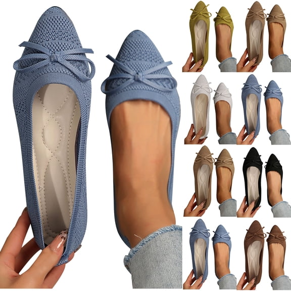 Hurxie Women's Flats Pointed Toe Bow Knit Ballet Shoes Comfortable Dressy Mesh Slip On Flat White 37