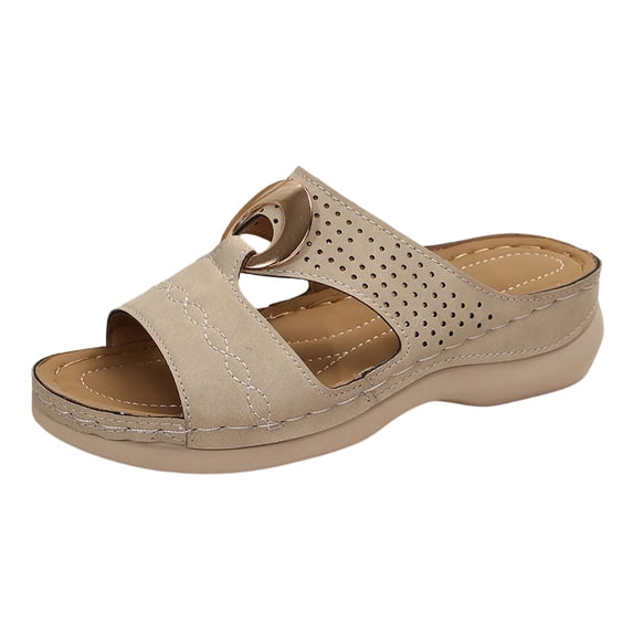 Hurxie Wedge Sandals for Women Comfortable: Slip On Sandals Women Dressy Summer Flat Sandals Beige 9