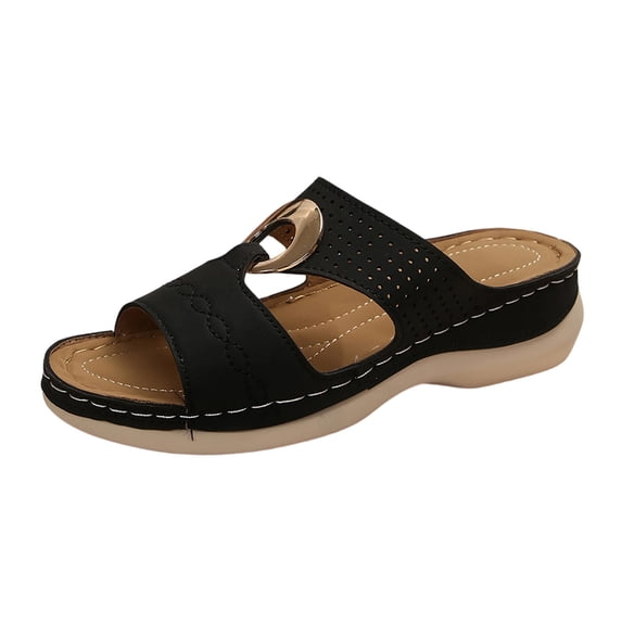 Hurxie Wedge Sandals for Women Comfortable: Slip On Sandals Women Dressy Summer Flat Sandals Black 7.5