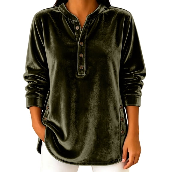 Hurxie Women's Fleece Shirt Solid Color Crew Neck Sweater, Loose Button Pullover Long-Sleeved Sweater Shirt Army Green,3XL