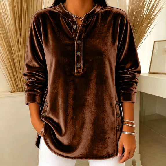 Hurxie Women's Fleece Shirt Solid Color Crew Neck Sweater, Loose Button Pullover Long-Sleeved Sweater Shirt Brown,XL