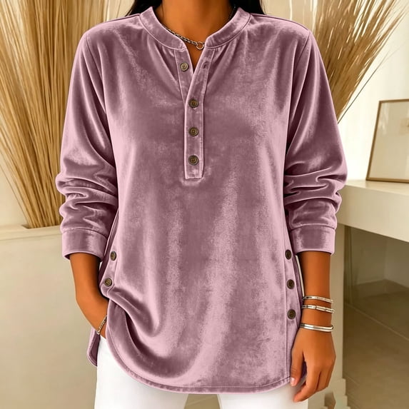 Hurxie Women's Fleece Shirt Solid Color Crew Neck Sweater, Loose Button Pullover Long-Sleeved Sweater Shirt Purple,S