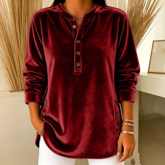 Hurxie Women's Fleece Shirt Solid Color Crew Neck Sweater, Loose Button Pullover Long-Sleeved Sweater Shirt Wine,L