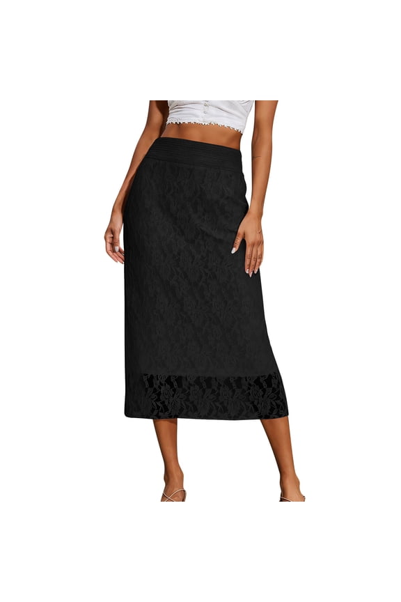 Women's Flowy A-Line Skirt Elegant Elastic Waisted Lace Skirts for Summer Beach Black,XS