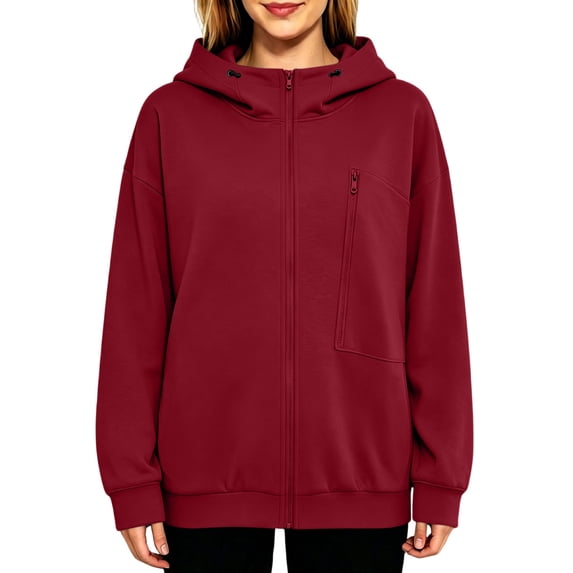 Hurxie Women's Full Zip Jackets Loose Fit Casual Hoodies Long Sleeve Tops with Pockets Wine,S