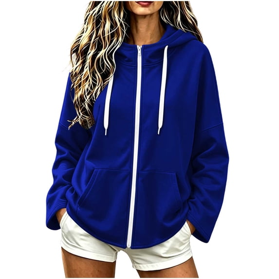 Hurxie Women's Full Zip Up Hoodie Long Sleeve Hooded Sweatshirts Pockets Jacket Coat for Women Blue,L