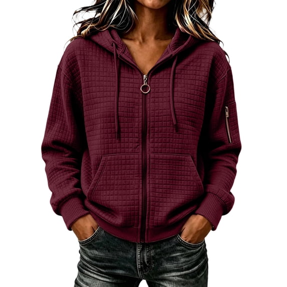 Hurxie Women's Full Zip Up Hoodies Waffle Knit Long Sleeve Sweatshirt Tops Early Fall Fashion Clothes, Knit Long Sleeve, Oversized Hooded Tops