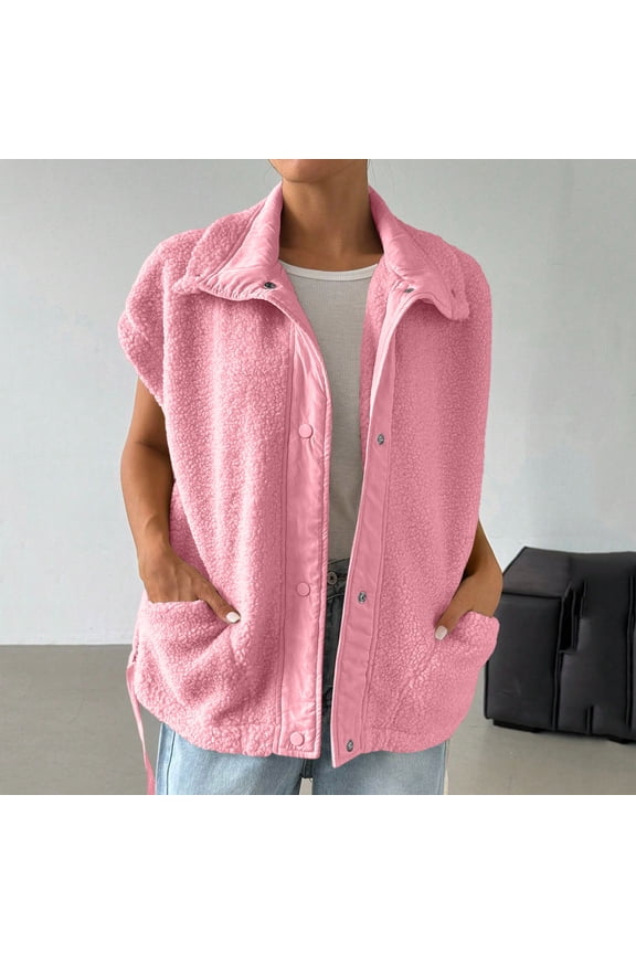 Women's Fuzzy Fleece Vest Oversized Sleeveless Sherpa Jacket Warm Button Down Outerwear with Pockets Pink L
