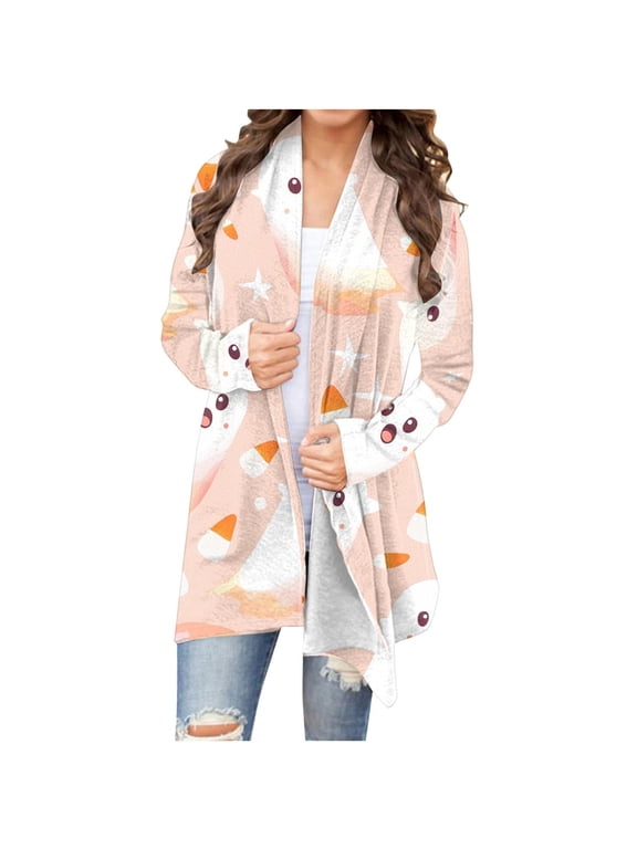 Women's Halloween Pumpkin Cat Print Knitting Cardigan Long Sleeve Open Front Knitted Sweater Outwear Coat Tops