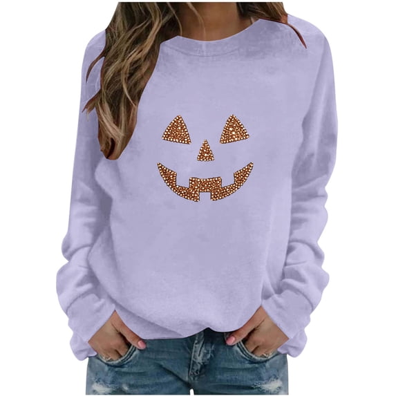 Hurxie Women's Halloween Rhinestone Hot Stamping Fashion Loose Casual Long Sleeve Top Regular Sleeve Hoodless Sweatshirt Purple,L
