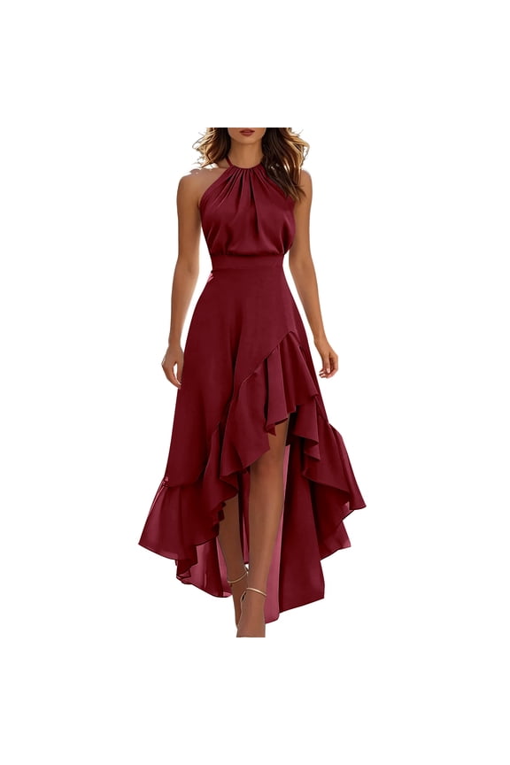 Women's Halter Sleeveless Ruffle Beach Backless High Low Hem Flowy Midi Dress Wine,M