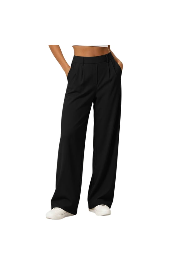 Women's High-Rise Wide Leg Trousers, Adjustable Tailored Stretch Work Pants with Pockets, 29" Inseam Black,S