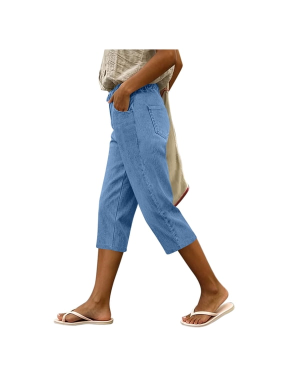Women's High Waisted Wide Leg Capri Jeans Stretchy Pull On Denim Cropped Pants Blue,S
