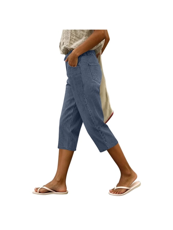 Women's High Waisted Wide Leg Capri Jeans Stretchy Pull On Denim Cropped Pants Dark Blue,M