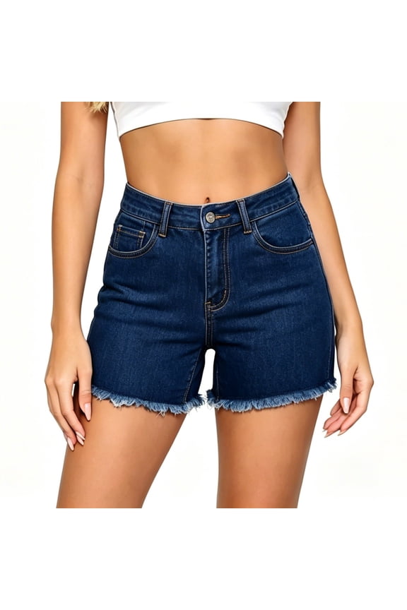Women's Jean Shorts High Waisted Stretchy Hem Summer Denim Shorts with Pockets Blue,S