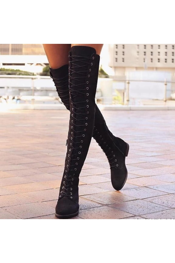 Women's Knee High Boots Chunky Platform Heel, Lace Up Gothic Punk Work Boots for Dresses and Jeans Black 38