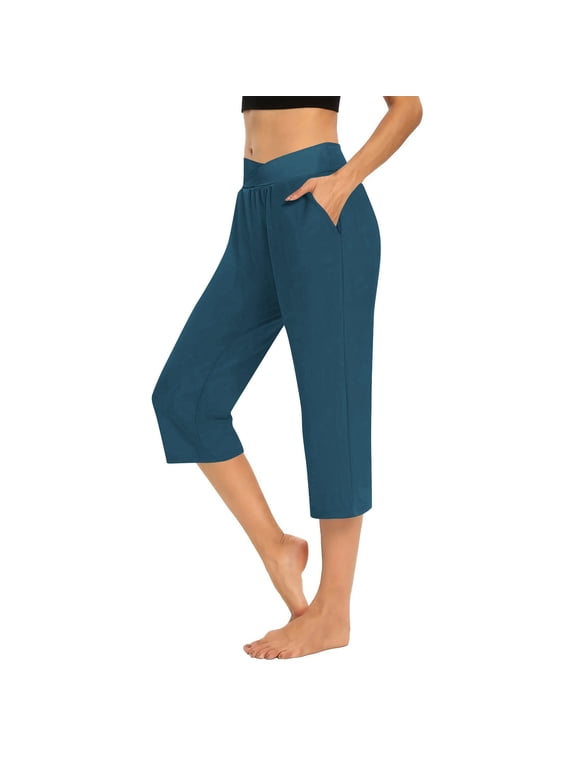 Women's Knee Length Leggings High Waisted Capri Pants Biker Shorts for Women Yoga Workout Exercise Short Casual Summer Navy,M