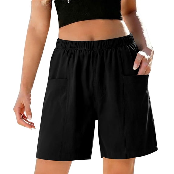Hurxie Women's Knee Length Loose Bermuda Short Pants Spring Drawstring Wide Leg Waist Comfy Casual Pockets Lounge Black,L