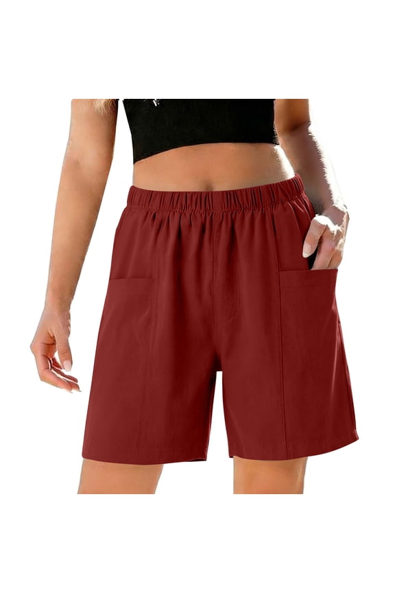 Women's Knee Length Loose Bermuda Short Pants Spring Drawstring Wide Leg Waist Comfy Casual Pockets Lounge Red,L