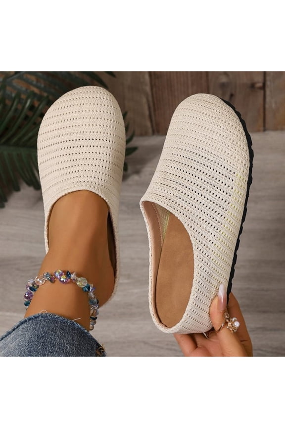 Women's Knitted Mesh Flat Walking Mules Breathable Closed Round Toe Backless Slip-On Soft Sole Work Sandals Summer Beige 37
