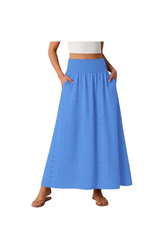 Women's Lace Midi Skirt High Waisted A Line Flowy Swing Boho Long Skirts Blue,XL