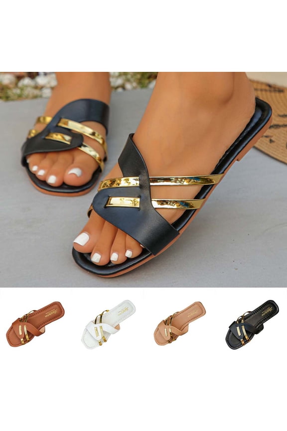 Women's Leather Slide Sandals with Chain Detail, Summer Beach Open Toe Slip On Slipper, Elegant Flat Shoes for Women Black 37