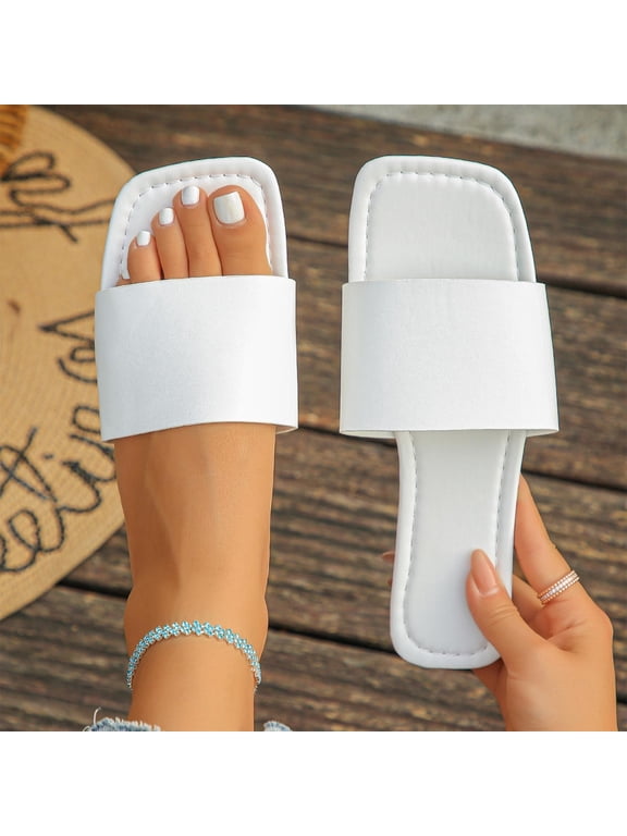 Women's Leather Square Toe Flat Sandals Summer Dressy Slides Casual Fashion Slip On Comfort Sandals White 8.5
