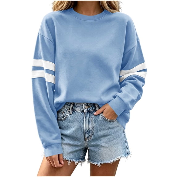 Hurxie Women's Lightweight Striped Sweatshirts Loose Basic Pullover Color Block Crew Neck Long Sleeve Sweatshirts for Casual Daily Wear