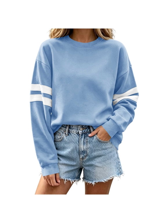 Women's Lightweight Striped Sweatshirts Loose Basic Pullover Color Block Crew Neck Long Sleeve Sweatshirts for Casual Daily Wear