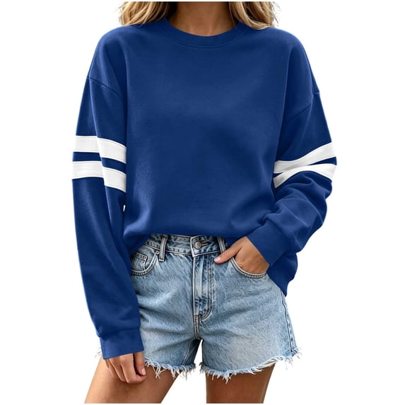 Hurxie Women's Lightweight Striped Sweatshirts Loose Basic Pullover Color Block Crew Neck Long Sleeve Sweatshirts for Casual Daily Wear