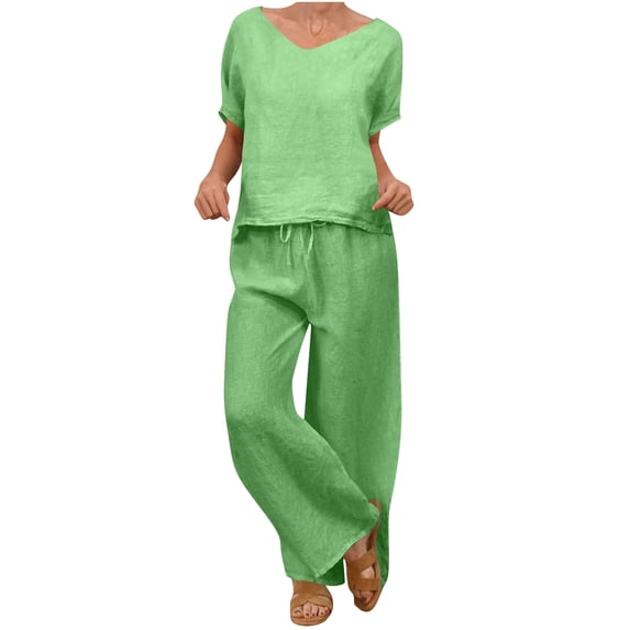Hurxie Women's Linen 2 Piece Outfits Rolled Sleeves Tops Wide Leg Trouser Pants Suits Summer Casual Dressy Linen Sets Green 5XL