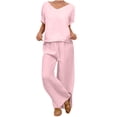 thumbnail image 1 of Hurxie Women's Linen 2 Piece Outfits Rolled Sleeves Tops Wide Leg Trouser Pants Suits Summer Casual Dressy Linen Sets Pink 3XL, 1 of 6