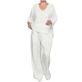 thumbnail image 1 of Hurxie Women's Linen 2 Piece Outfits Rolled Sleeves Tops Wide Leg Trouser Pants Suits Summer Casual Dressy Linen Sets White 3XL, 1 of 7