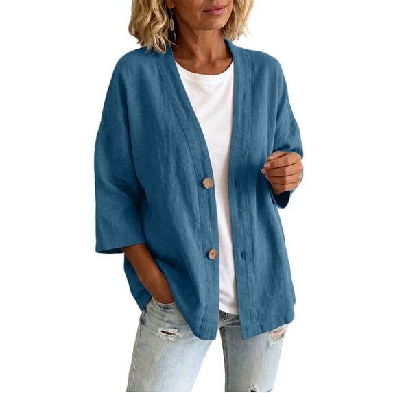 Hurxie Women's Linen 3/4 Sleeve Button Up Crew Neck Lightweight Cardigan Blue,M