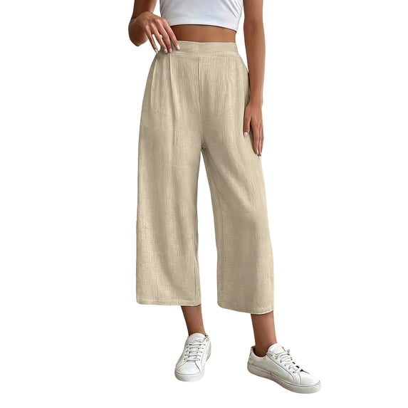 Hurxie Women's Linen Capri Pants Wide Leg with Drawstring Elastic Waist Casual Cropped Pant Beige,S