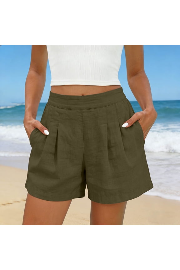Women's Linen Shorts Elastic Waist Casual Comfy Summer Pull on Beach Shorts with Patch Pocket Army Green,S