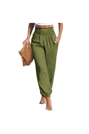 Women's Linen Summer Palazzo Pants Casual Flowy Drawstring High Waist Beach Trousers with Pockets Army Green,L