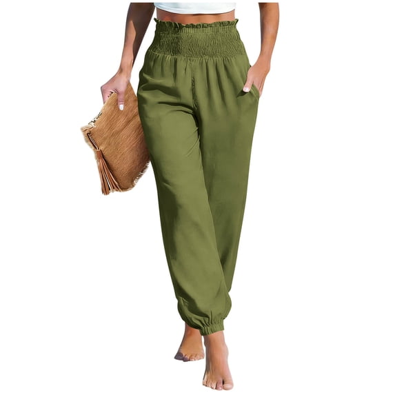 Hurxie Women's Linen Summer Palazzo Pants Casual Flowy Drawstring High Waist Beach Trousers with Pockets Army Green,L
