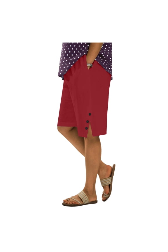 Women's Linen Summer Shorts Casual Bermuda Wide Leg Mid Length High Waisted Drawstring Short with Pocket Red,XL