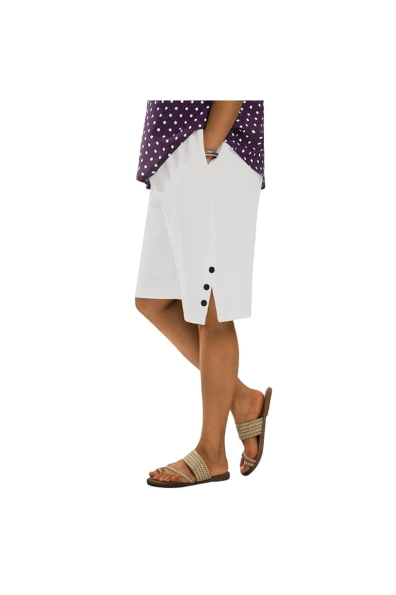 Women's Linen Summer Shorts Casual Bermuda Wide Leg Mid Length High Waisted Drawstring Short with Pocket White,2XL