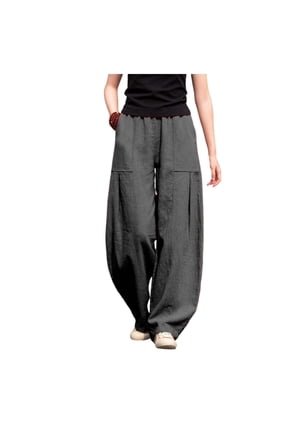 Women's Linen Wide Leg Pants Casual Elastic Waist Loose Lantern Trousers Front Pockets Dark Gray,M