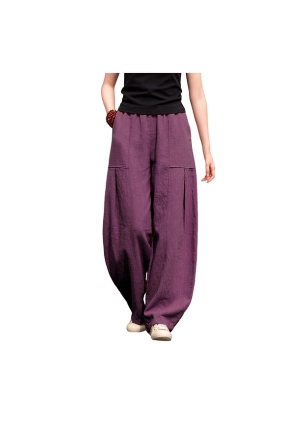 Women's Linen Wide Leg Pants Casual Elastic Waist Loose Lantern Trousers Front Pockets Purple,S