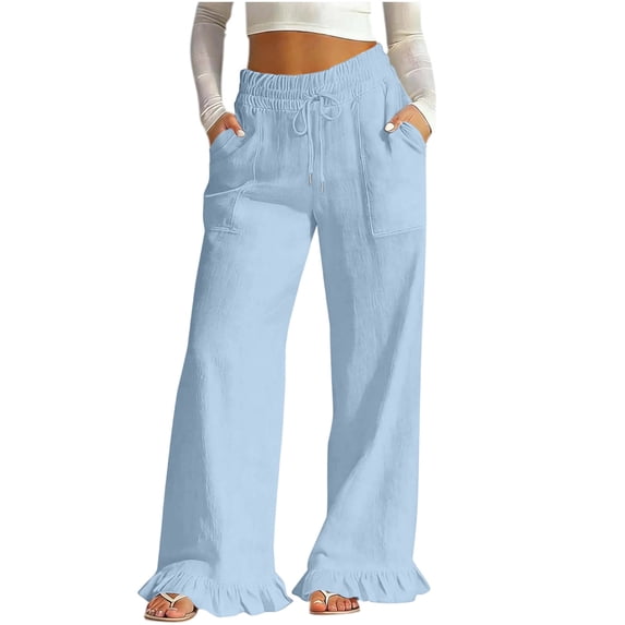 Hurxie Women's Linen Wide Leg Pants Drawstring Ruffle Hem Trousers | Casual Drawstring Palazzo Pants, Lightweight Breathable, loose fit,Summer Beach Vacation Ready Light Blue,S