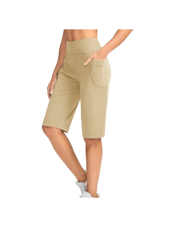 Women's Long Shorts Below The Knee Capri Hiking Shorts Quick Dry Lightweight Outdoor Casual Crop Pants Khaki,XL
